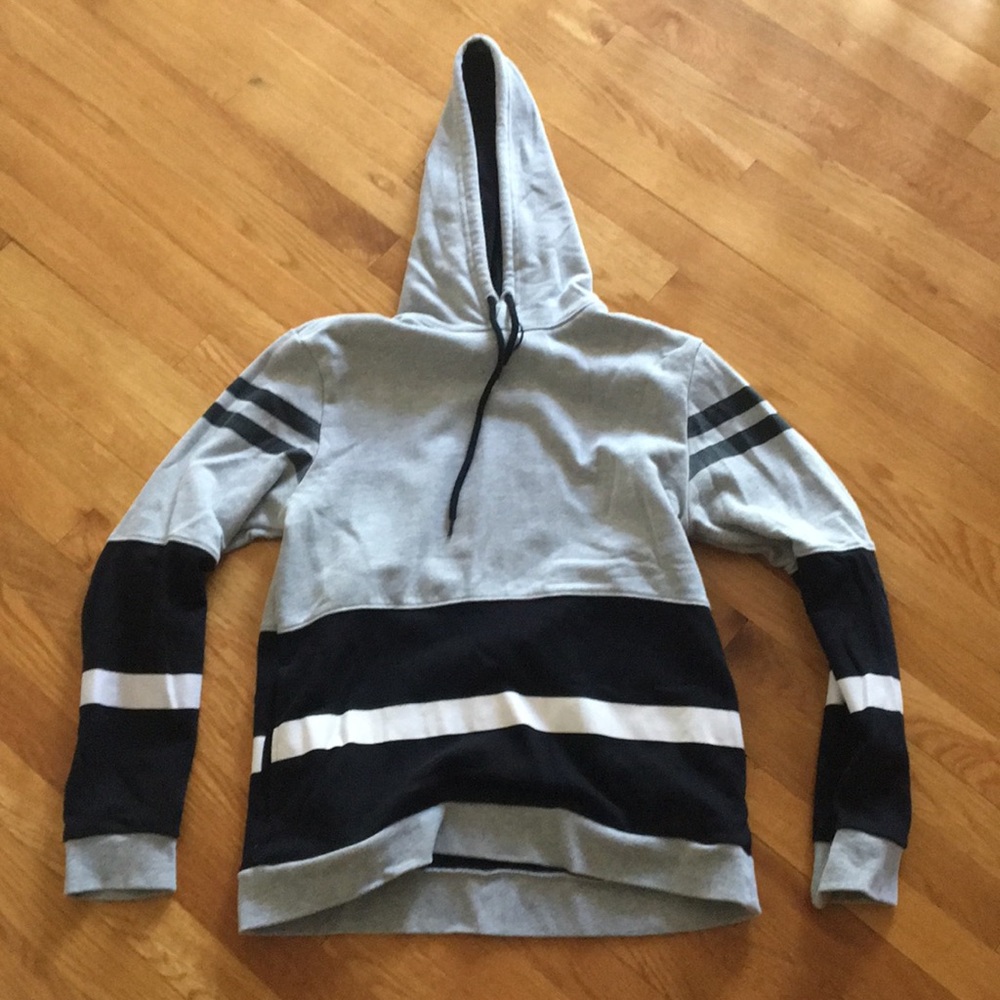 Black, white, gray hoodie.